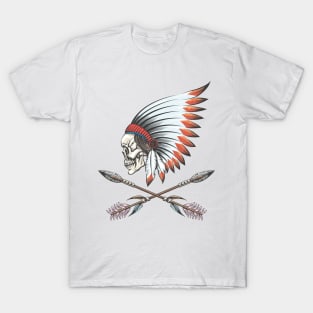 Human skull wearing native American war bonnet T-Shirt